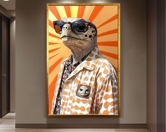 Anthropomorphic Turtle Wall Art Print, Retro Cool Turtle in Sunglasses and Polka Dot Shirt, Fun Animal Portrait for Quirky Home Decor