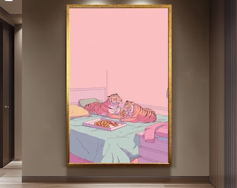 Funny Illustration of Two Tigers Sharing Pizza in a Pastel Pink Room  Retro 80s Aesthetic Animal Artwork for Whimsical Bedroom or Dorm Art