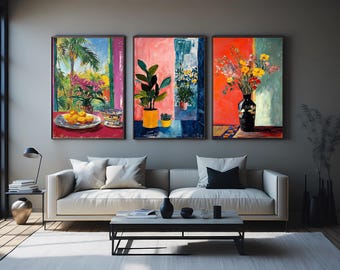 Vibrant Botanical Still Life Wall Art Set of 3 – Colorful Plant and Flower Paintings with Tropical and Abstract Backgrounds for Home Decor
