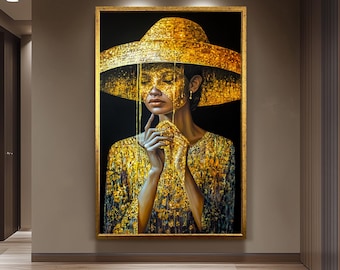 Golden Woman Wall Art, Luxury Black and Gold Painting, Female Portrait, Modern Glamour Canvas, Fashionable Wall Decor Gold Women art