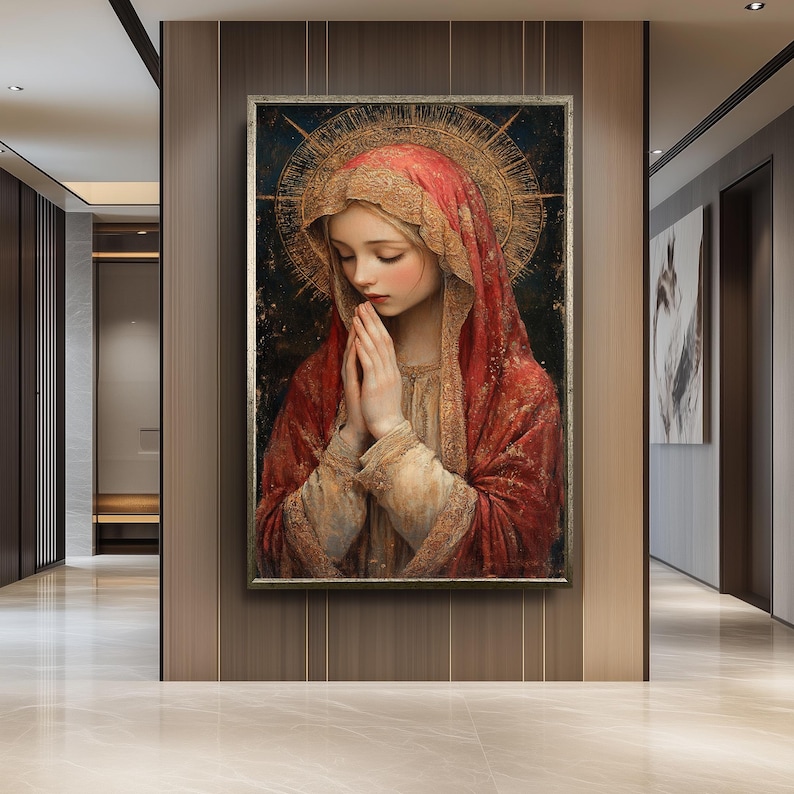 Antique Virgin Mary Painting With Golden Halo and Red Veil, Catholic ...