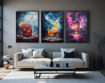 Cosmic Cocktail Canvas Print Set: Abstract Galaxy Bar Art