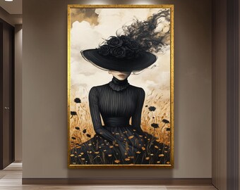 Mysterious Woman Wall Art Surreal Elegant Lady in Black Dress with Floral Hat Dark Vintage Portrait Fantasy Style Home Decoration, Woman Art