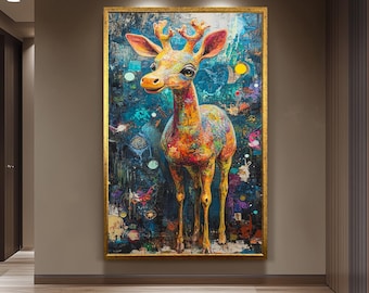 Colorful Giraffe Wall Art Whimsical Abstract Animal Painting Surreal Fantasy Wildlife Canvas Bright Playful Decor for Kids Room or Nursery
