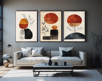3 Piece Boho Abstract Wall Art Set, Minimalist Mid Century Modern Prints with Sun and Plant Shapes, Neutral Warm Home Decoration Floral Art
