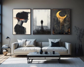 Dark Abstract Wall Art Set of 3 Modern Surreal Paintings with Silhouettes Gold Moon and Emotional Expressionist Design Abstract Wall Art