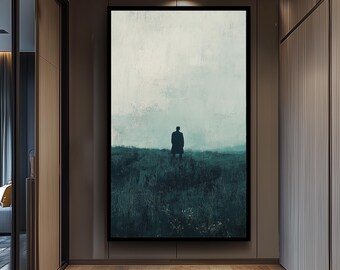 Lonely Figure in Field Minimalist Wall Art Print, Atmospheric Abstract Painting in Dark Green and Pale Tones | Modern Emotional Canvas Decor