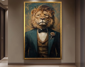 Regal Lion Portrait Wall Art in Victorian Suit and Bow Tie | Majestic Surreal Animal Painting for Home Office Decor | Noble Wildlife Artwork
