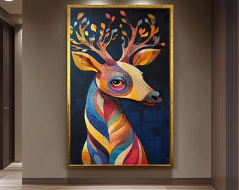 Colorful Deer Wall Art Fantasy Forest Animal Painting with Leaf Antlers Abstract Rainbow Wildlife Canvas for Modern Nature Decor, Deer Print