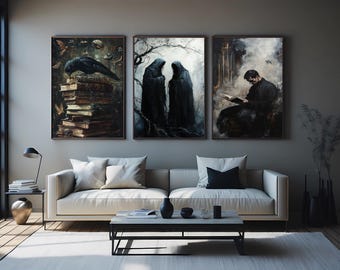 Dark Gothic Wall Art Set of 3 Featuring Hooded Figures Priest and Crow on Books in Moody Vintage Horror Aesthetic for Unique Decor Dark Art