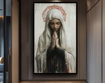 Dark Sacred Virgin Mary Painting with Gothic Halo and Prayer Pose, Dramatic Spiritual Canvas Print for Unique Catholic Home Decor, Mary Art