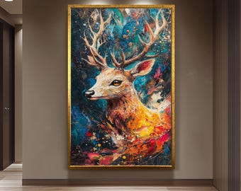 Colorful Deer Wall Art Abstract Animal Painting on Canvas with Bold Brush Strokes Surreal Wildlife Artwork for Nature Lovers Decor Deer Art