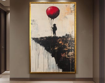 Surreal Banksy Style Wall Art Featuring Red Balloon and Child on Cliff Edge, Modern Urban Graffiti Canvas for Bold Home Décor Banksy Artwork