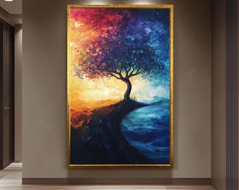 Surreal Tree Painting Wall Art with Sunset and Night Sky Contrast, Colorful Abstract Nature Canvas Print for Home or Office Decor Tree Print