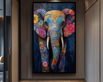 Colorful Elephant Wall Art Floral Abstract Animal Painting Surreal Wildlife Canvas Print Bright Boho Home Decor for Living Room Office