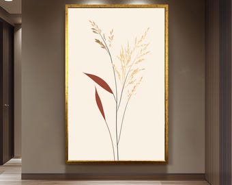 Minimalist Boho Botanical Wall Art Print, Hand Drawn Dried Grass Illustration, Neutral Beige and Brown Nature Decor for Modern Interiors