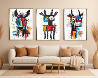 Abstract Donkey Canvas Print Set of 3, Colorful Modern Animal Wall Art, Whimsical Farmhouse Decor for Kitchen, Living Room or Creative Space