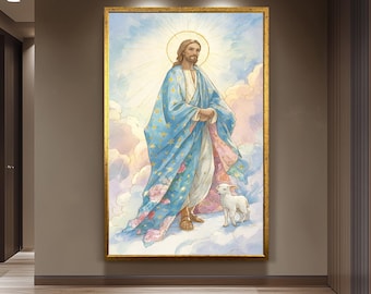 Heavenly Jesus Christ Art Print with Lamb in Blooming Clouds, Storybook Pastel Christian Illustration for Kids Room or Spiritual Decor