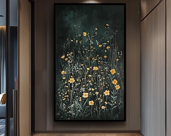 Dark Green Wildflower Meadow Canvas  Textured Floral Wall Art Nature Inspired Rustic Country Decor for Cozy Farmhouse and Modern Interiors