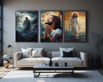 Jesus Walking on Water Praying and Radiant Light Mosaic Christian Wall Art Set of 3 Religious Faith Prints for Home Decor Jesus Wall Decor