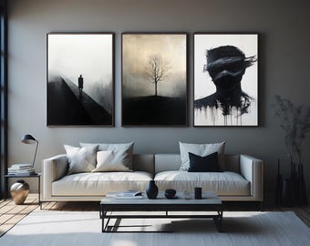 Minimalist Black and White Art Set: Tree, Face, Figure - Modern Surreal Home Decor