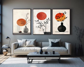 Japanese Zen Art Prints: Minimalist Sun & Plant Boho Decor Set