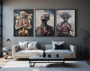 Anatomical Art Print Set of 3, Surreal Skeleton and Organ Wall Decor with Emotional Expression and Botanical Elements for Gothic Spaces