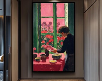 Vintage Kitchen Interior Wall Art Print in Henri Matisse Inspired Style Featuring Woman with Dishes and Pink Floral Window Scene Man Artwork