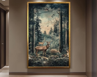 Enchanted Forest Deer Artwork, Vintage Woodland Wall Art, Mystical Wildlife Scene, Majestic Stag and Fawns, Rustic Nature Home Decor
