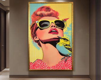 Pop Art Woman with Sunglasses and Birds Poster Print, Retro Vintage Style Wall Art with Bright Colors for Bold Home or Studio Decor
