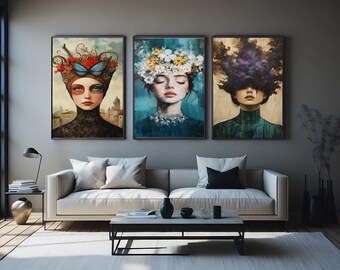 Surreal Female Portrait Art Set: Abstract Floral Dreamscape Prints