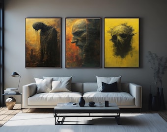 Dark Gothic Surreal Wall Art Set: Elder, Skull, Hooded Figure