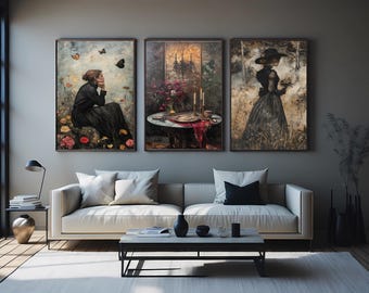 Dark Academia Art Set: Gothic Women, Candles & Florals