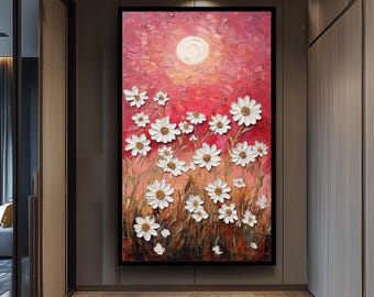 Sunset Daisy Field Wall Art Print, Textured Floral Painting with Warm Red Sky and Wildflowers for Rustic or Romantic Home Decor Floral Art