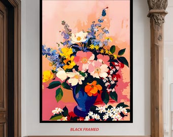 Colorful Floral Bouquet Canvas Wall Art with Bright Wildflowers in Blue Vase on Pink Background for Modern Botanical Home Decor Floral Art