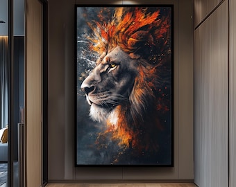 Fiery Surreal Lion Portrait Wall Art in Bold Abstract Brushstroke Style with Flames and Smoke for Powerful and Modern Animal Decor, Lion Art
