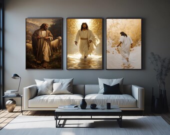 3 Piece Jesus Christ Wall Art – Walking on Water Golden Light, Shepherd with Lambs, and Sacred Faith Artwork for Christian Decor Jesus Print