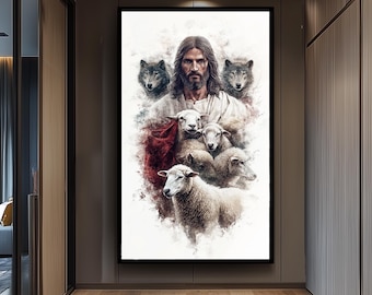 Jesus with Sheep and Wolves Christian Wall Art, Spiritual Religious Print of the Good Shepherd, Faith Based Artwork for Home Decor Jesus Art