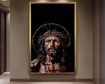 Jesus Crown of Thorns Wall Art Canvas Print, Powerful Religious Painting of Christ's Suffering with Dark Background for Spiritual Home Décor