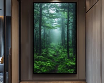 Foggy Forest Canvas Print, Green Woodland Path, Tranquil Nature Art