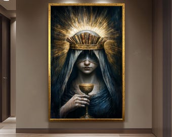 Surreal Gothic Woman Portrait, Dark Fantasy Wall Art, Book Crown Print, Occult Aesthetic Decor, Holy Grail Painting, Vintage Women Art
