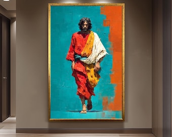 May include: A framed painting depicts a figure in red robes, a yellow sash, and a white cloth, set against a teal and orange background. The artwork has a gold frame and a textured, painterly style.