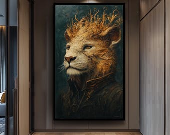 Majestic Surreal Lion Portrait Painting in Regal Coat with Flowing Mane Fantasy Style Wall Art Animal Illustration Digital Artwork  Lion Art