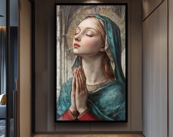 Classical Virgin Mary Painting with Halo and Praying Hands, Sacred Catholic Art Print in Renaissance Style for Religious Home Decor Wall Art