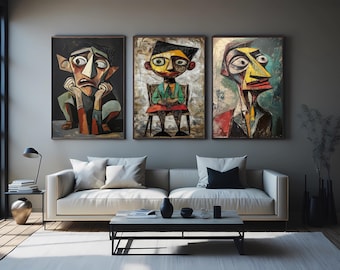 3 Piece Abstract Cubist Portrait Wall Art – Colorful Geometric Modern Face Paintings for Unique Home and Office Decor  Geometric Wall Art