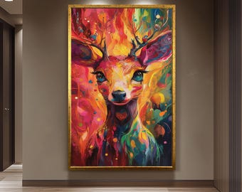 Surreal colorful deer wall art with expressive eyes and abstract rainbow splashes, psychedelic fantasy animal print for bold interiors