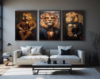Lion Gentleman Wall Art Set of 3 –Regal Lion Portraits in Suits with Glasses and Vintage Details for Classy Eclectic Interiors Lion Wall Art
