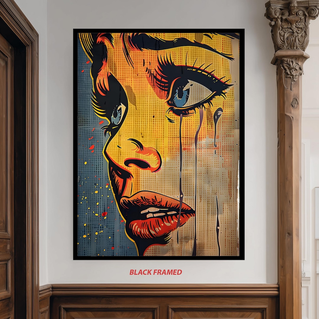 Pop Art Style Crying Woman Close Up Canvas Wall Art With Bold Lines And pop-art-style-crying-woman-close-up-canvas-wall-art-with-bold-lines-and