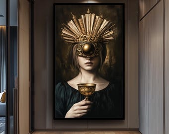Surreal Dark Fantasy Wall Art of Mysterious Woman with Ornate Blindfold Crown of Books Holding Golden Chalice in Moody Gothic Style