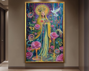 Crowned Virgin Mary with Dove and Melting Roses | Surreal Catholic Canvas Art of Our Lady | Colorful Spiritual Wall Decor for Prayer Rooms